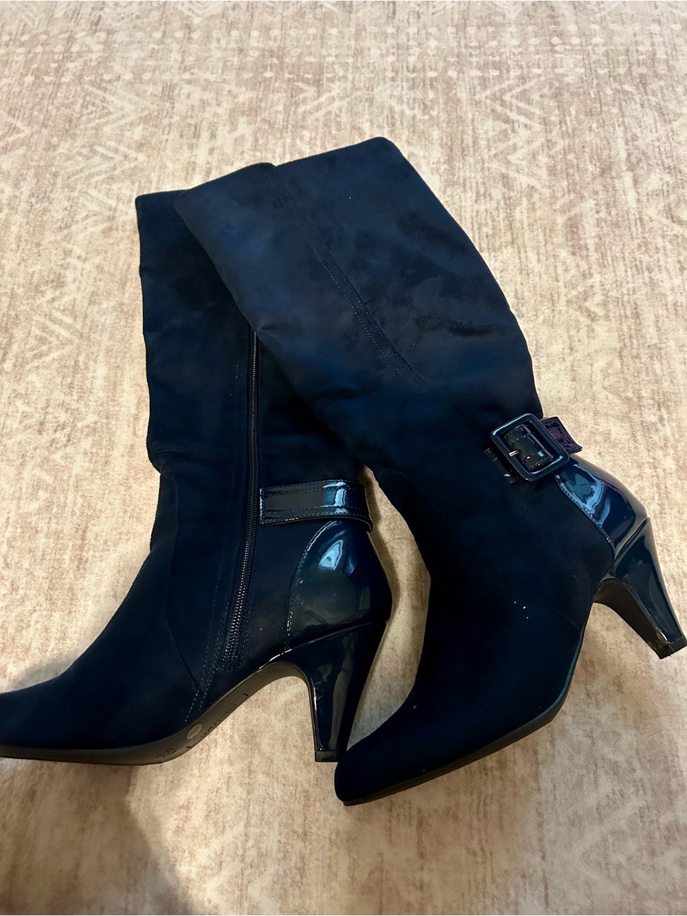 Women’s Navy Blue knee high Heel Boots with Buckle